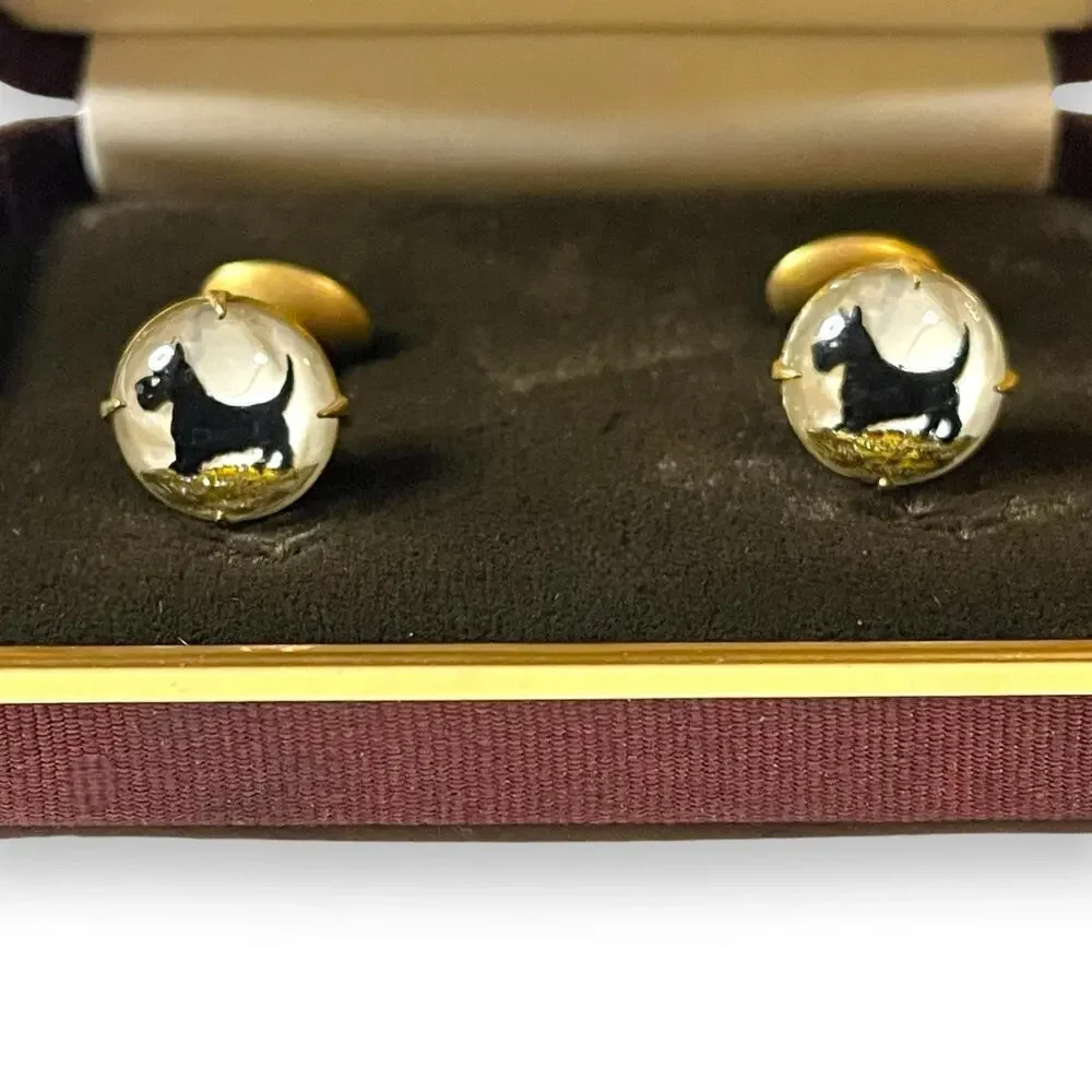 Vintage Paul Stuart 40s Cufflinks Mens Reverse Painted Convex Glass Scottie Dogs